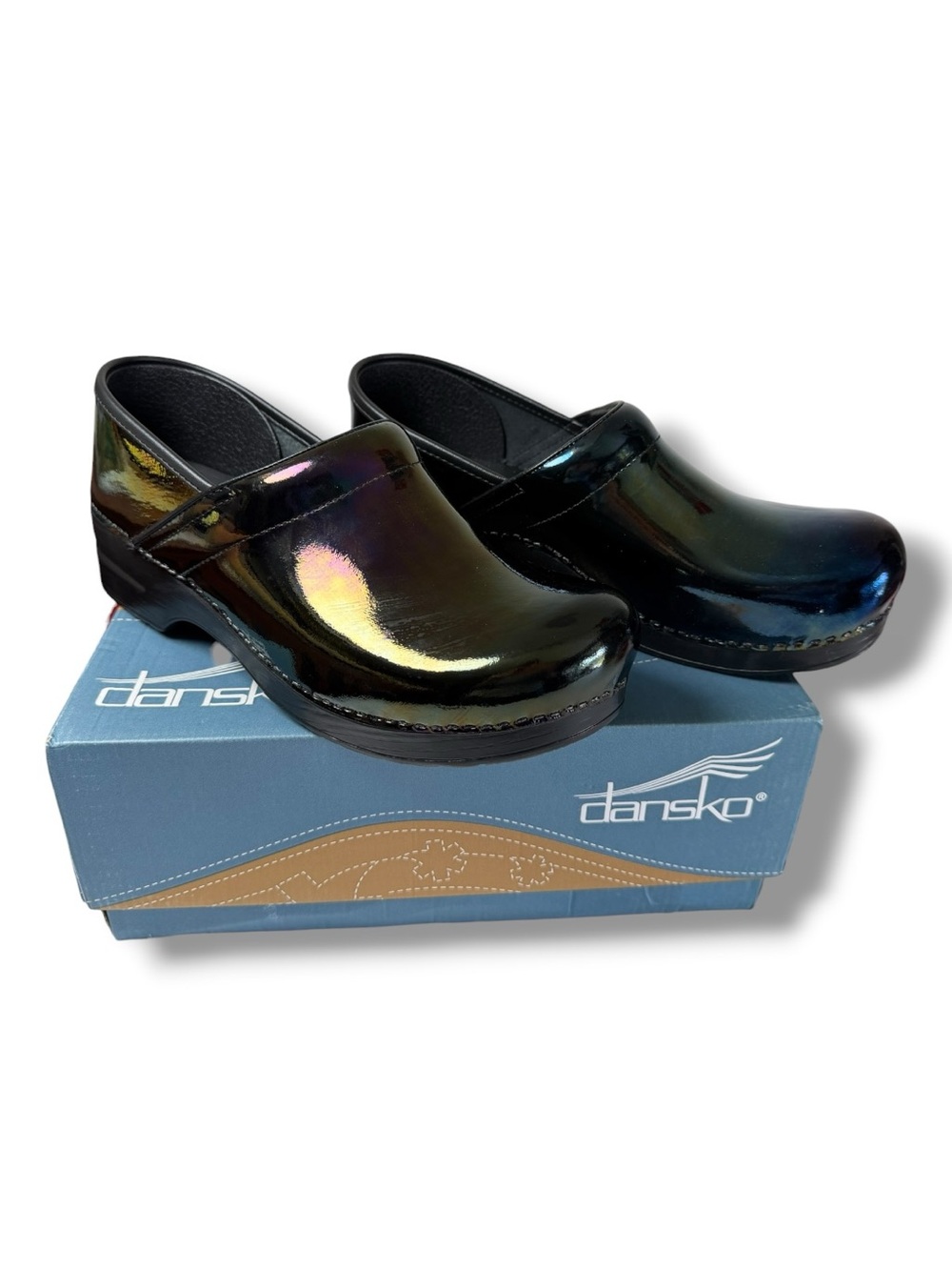 Dansko Iridescent Patent Black Slip-On Clogs Size 42 NIB